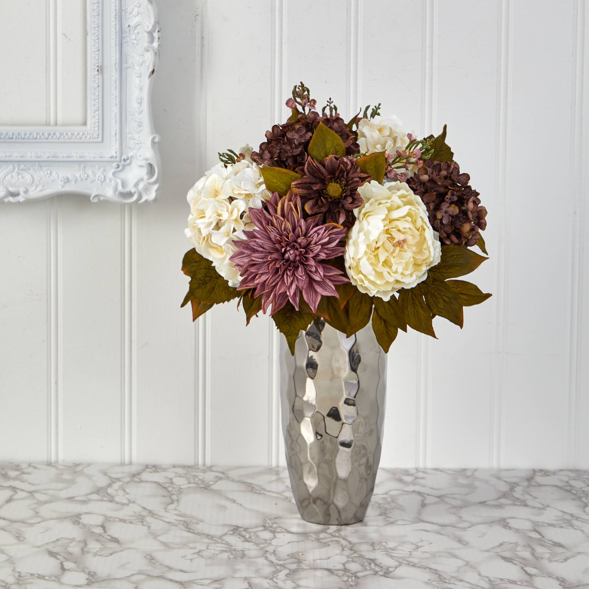 22" Peonies, Hydrangeas & Dahlias in Silver Vase